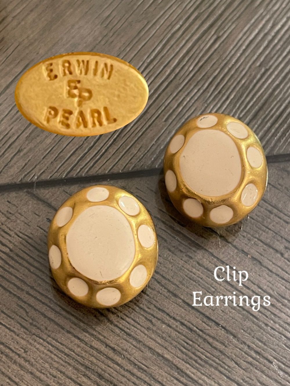 Vintage Erwin Pearl Off White - Cream Enamel Polka Dot Clip Earrings